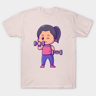 Cute Woman Lifting barbell Cartoon T-Shirt